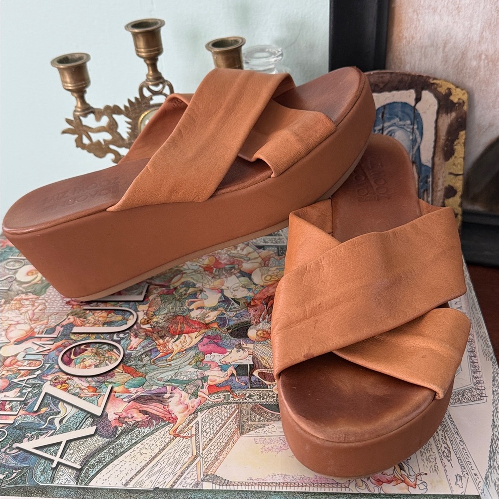 Miz Mooz Tan Light Brown Soft Leather Wedge Sandals
